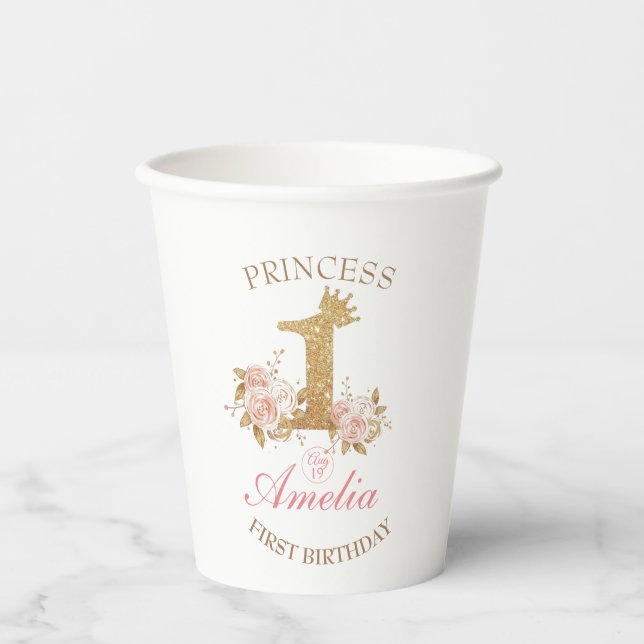 Pink Golden Crown Princess 1st Birthday Party Paper Cups (Front)