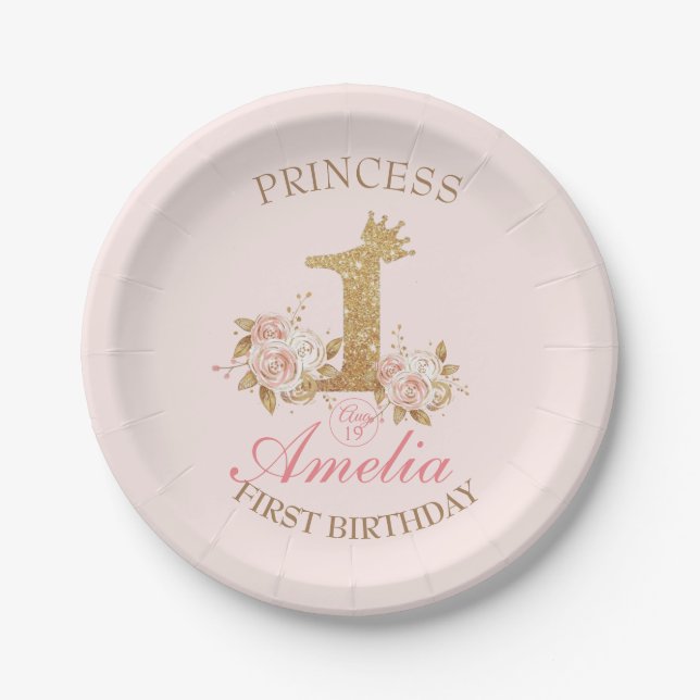 Pink Golden Crown Princess 1st Birthday Party  Paper Plates (Front)
