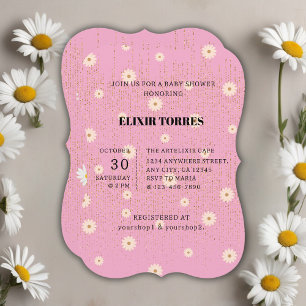 Pink Golden Daisy Glitter Glow Baby Shower Invitation