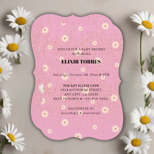 Pink Golden Daisy Glitter Glow Baby Shower Invitation