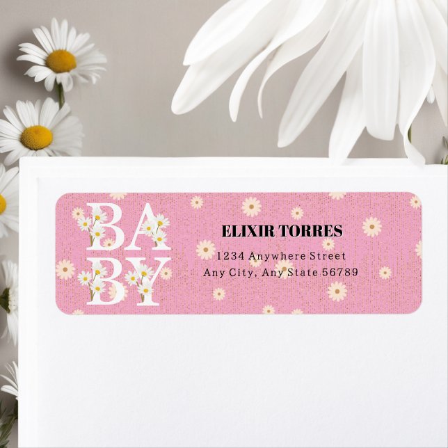 Pink Golden Daisy Glitter Glow Baby Shower Label (Creator Uploaded)