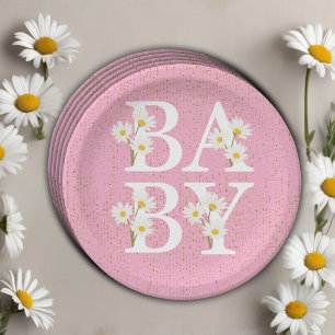 Pink Golden Daisy Glitter Glow Baby Shower Paper Plates