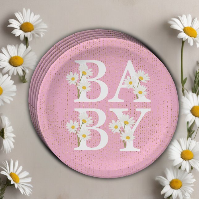Pink Golden Daisy Glitter Glow Baby Shower Paper Plates (Creator Uploaded)