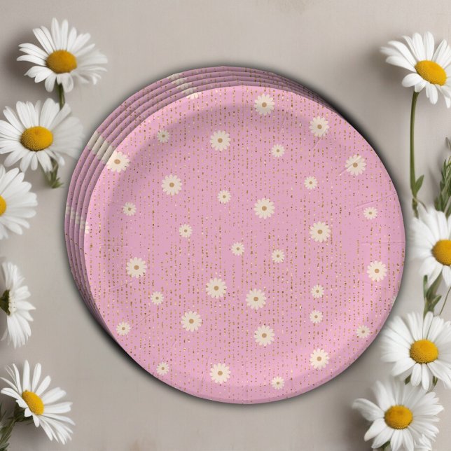 Pink Golden Daisy Glitter Glow Baby Shower Paper Plates (Creator Uploaded)