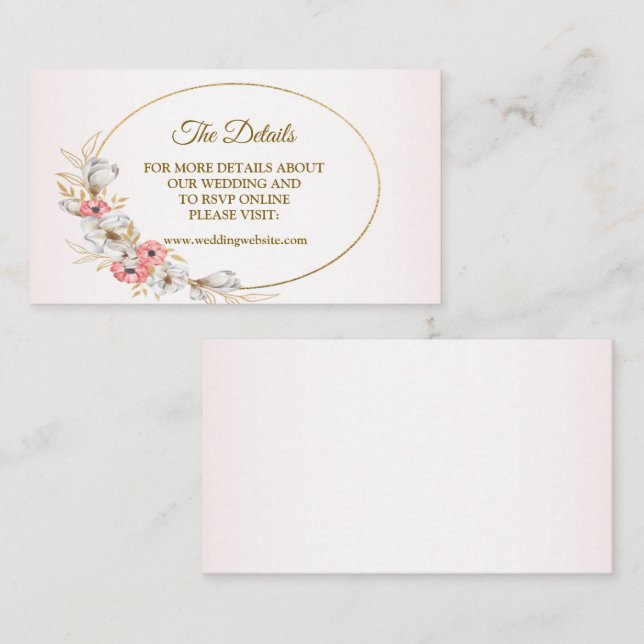 Pink Golden Floral Geometric Peach Wedding Detail Enclosure Card (Front/Back)
