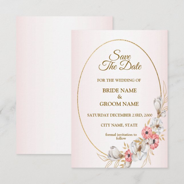 Pink Golden Floral Geometric Peach Wedding Save The Date (Front/Back)