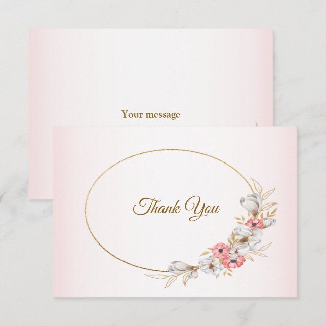 Pink Golden Floral Geometric Peach Wedding Thank You Card (Front/Back)