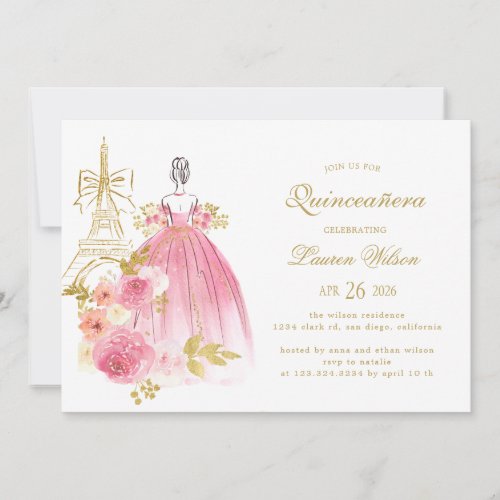Pink Golden Floral Paris Chic Quinceanera