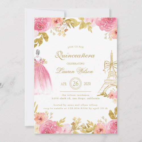 Pink Golden Floral Paris Chic Quinceanera