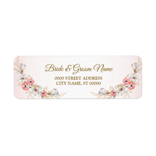 Pink Golden Floral Peach Wedding Return Address Label