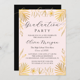 Pink Golden Floral Script Graduation Party Photo Invitation