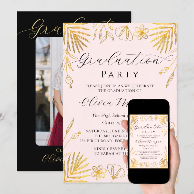 Pink Golden Floral Script Graduation Party Photo Invitation | Zazzle