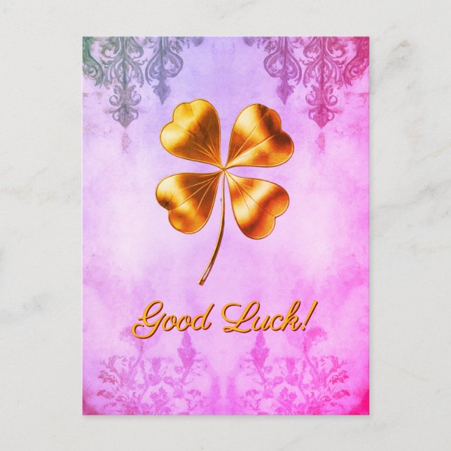 Pink Golden Four-leaf Clover Good Luck Postcard (Front)