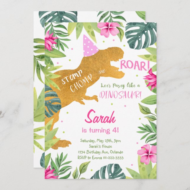 Pink Golden Glitter Dinosaur Girls Birthday Invite (Front/Back)