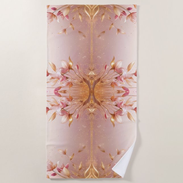 Pink Golden Leaves Floral Beach Towel (Front)