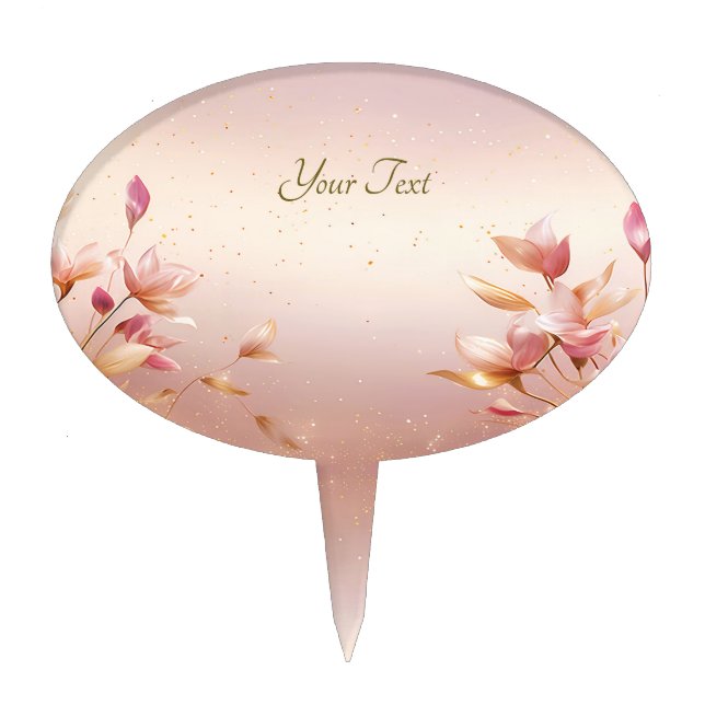 Pink Golden Leaves Floral Cake Topper (Front)