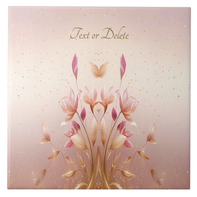 Pink Golden Leaves Floral Ceramic Tile (Front)