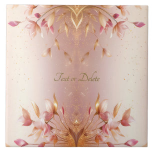 Pink Golden Leaves Floral Ceramic Tile