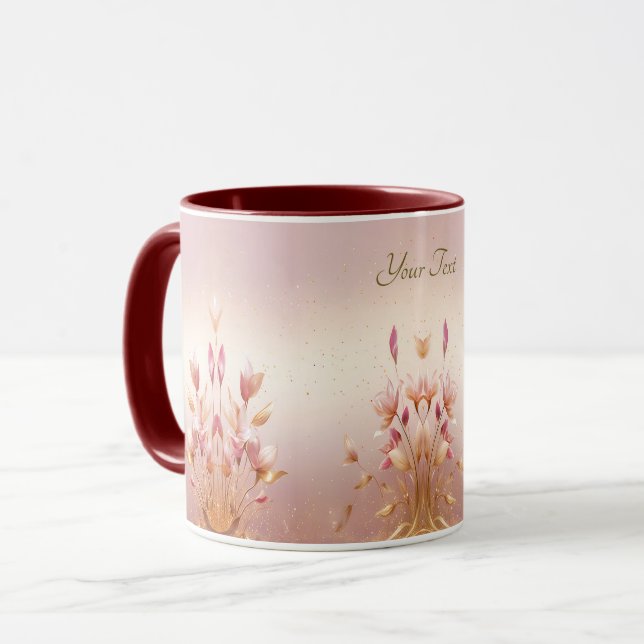 Pink Golden Leaves Floral Coffee Mug (Front Left)