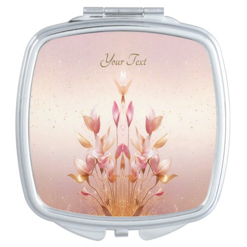 Pink Golden Leaves Floral Compact Mirror