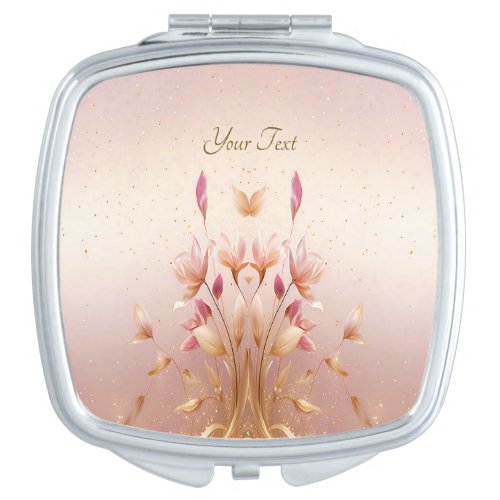 Pink Golden Leaves Floral Compact Mirror