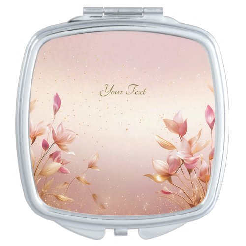 Pink Golden Leaves Floral Compact Mirror