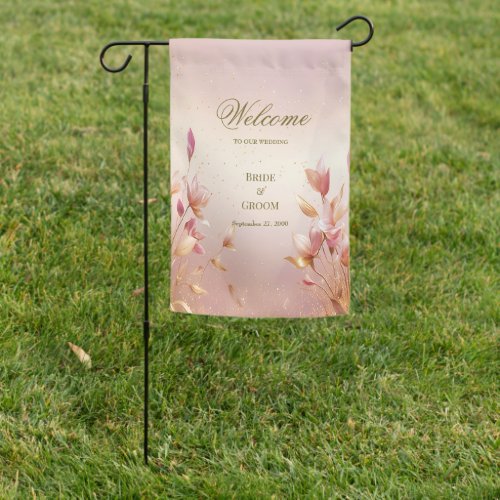 Pink Golden Leaves Floral Garden Flag