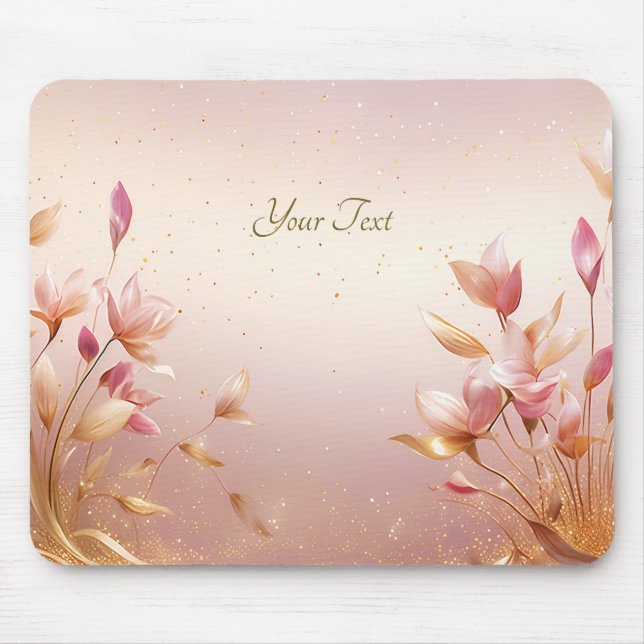 Pink Golden Leaves Floral Mousepad (Front)
