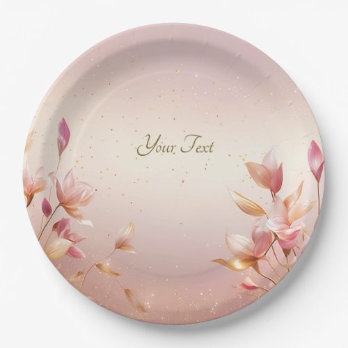 Pink Golden Leaves Floral Paper Plate