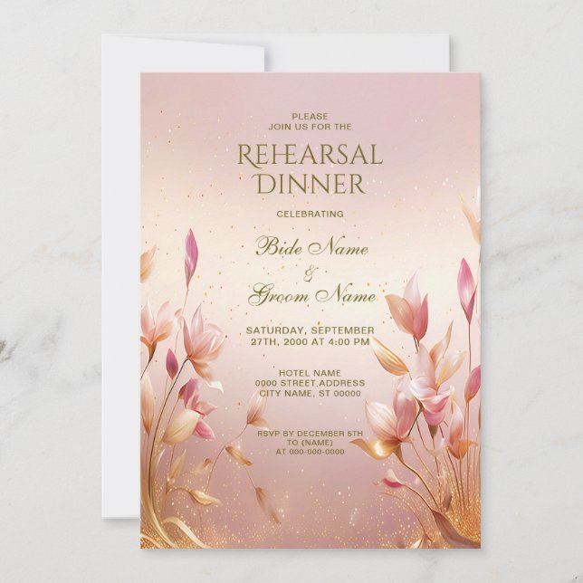 Pink Golden Leaves Floral Rehearsal Dinner Invitation (Front)