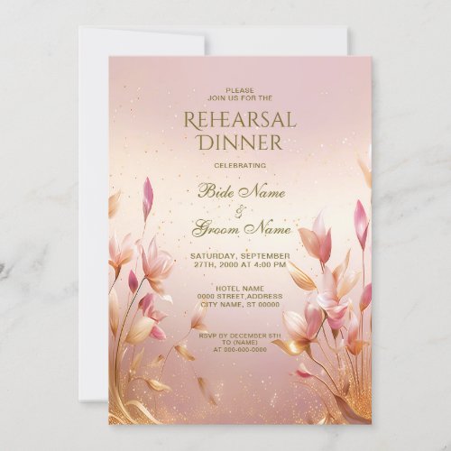 Pink Golden Leaves Floral Rehearsal Dinner Invitation