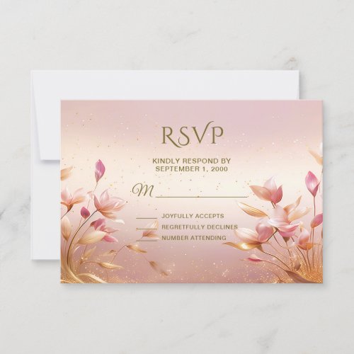 Pink Golden Leaves Floral RSVP Card