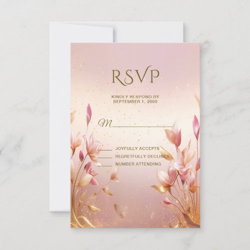 Pink Golden Leaves Floral RSVP Card