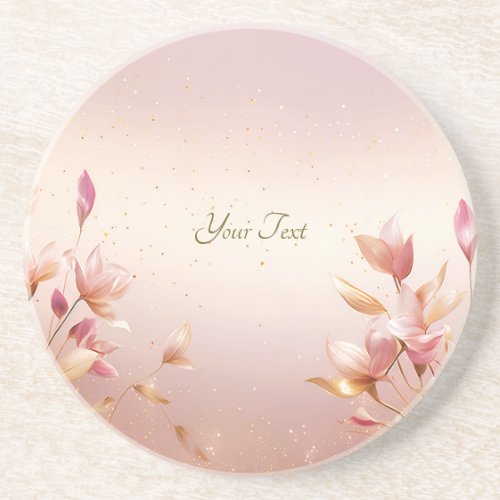 Pink Golden Leaves Floral Sandstone Coaster