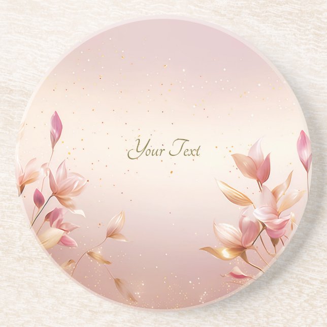 Pink Golden Leaves Floral Sandstone Coaster (Front)