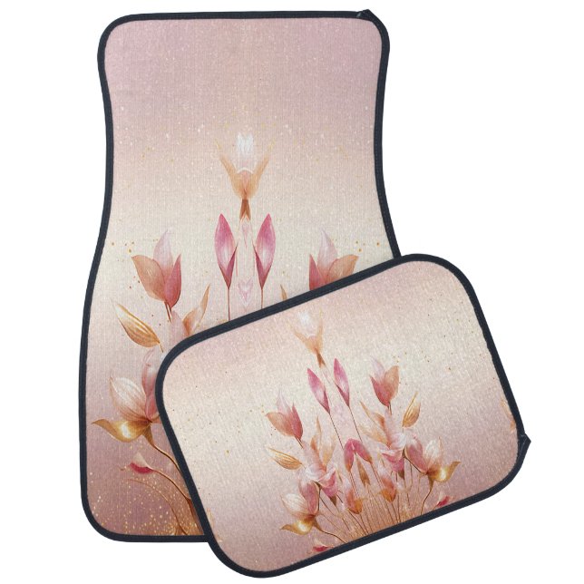 Pink Golden Leaves Floral Set of Car Mats (Set)