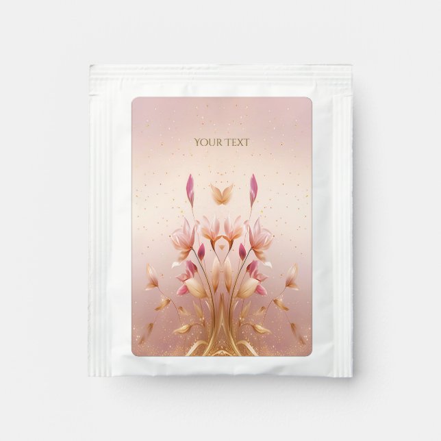 Pink Golden Leaves Floral Tea Bag Drink Mix (Front)