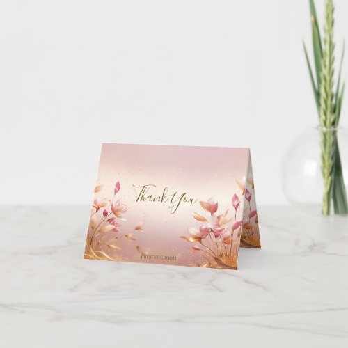 Pink Golden Leaves Floral Thank You Card