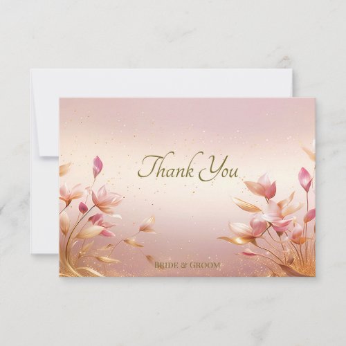 Pink Golden Leaves Floral Thank You Card