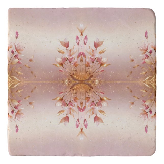 Pink Golden Leaves Floral Trivet (Front)