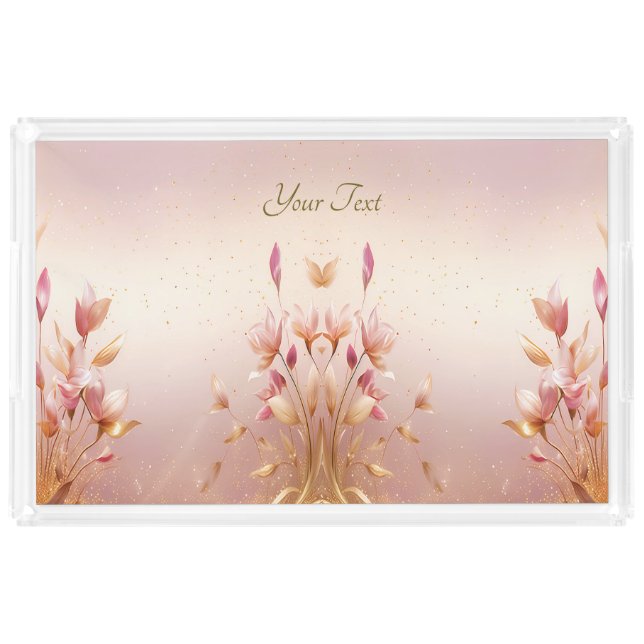 Pink Golden Leaves Floral Vanity Tray (Front)