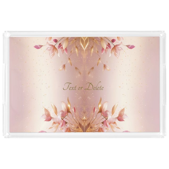 Pink Golden Leaves Floral Vanity Tray (Front)