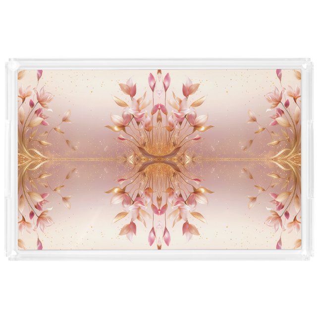 Pink Golden Leaves Floral Vanity Tray (Front)
