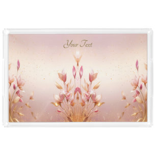 Pink Golden Leaves Floral Vanity Tray