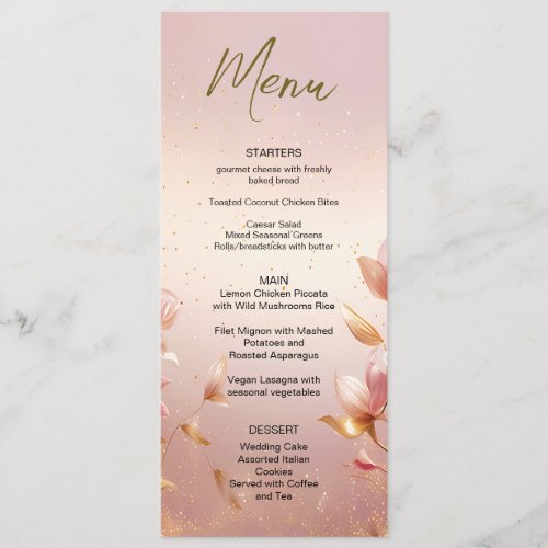 Pink Golden Leaves Floral Wedding Menu