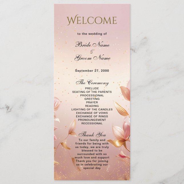 Pink Golden Leaves Floral Wedding Program (Front)