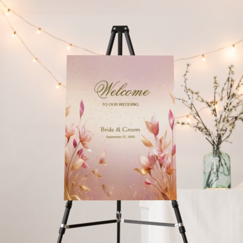 Pink Golden Leaves Floral Wedding Welcome Foam Board