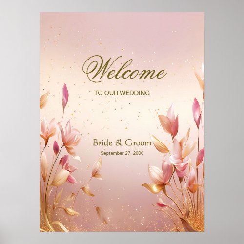 Pink Golden Leaves Floral Welcome Poster Sign