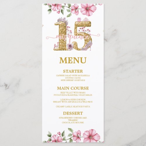 Pink Golden Mis Quince Quinceañera Menu