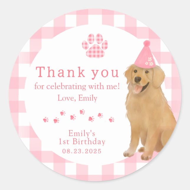 Pink Golden Retriever First Birthday Party Favor Classic Round Sticker (Front)